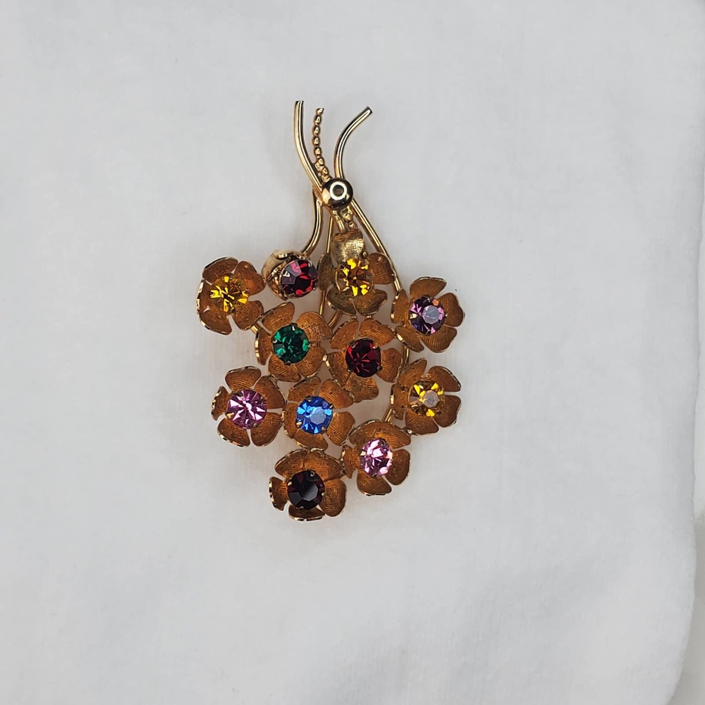 Vintage 12k Gold Fill Colorful Rhinestone Floral Bouquet Brooch - Picture 7 of 11